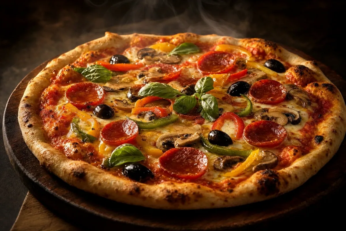 The Works pizza with pepperoni, mushrooms, peppers, olives and basil